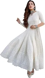 LookMarkWomen's Chikankari Embroidered Ethnic Gown, Ankle Length Flared Dress, 3/4 Sleeves, Traditional Indian Wear