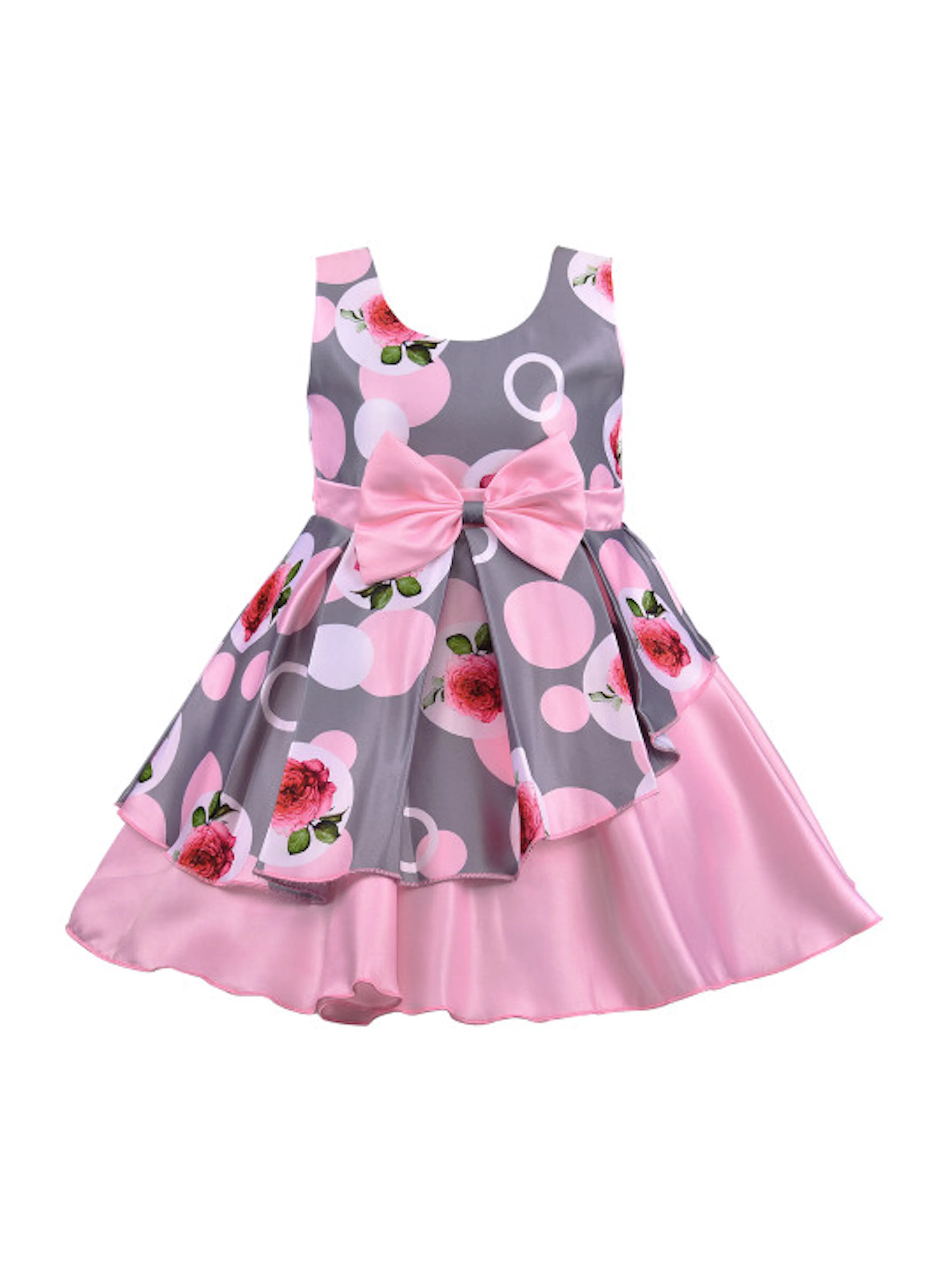 Wish Karo Girls Pink & Grey Floral Printed Silk Satin Finish Layered Fit and Flare Dress