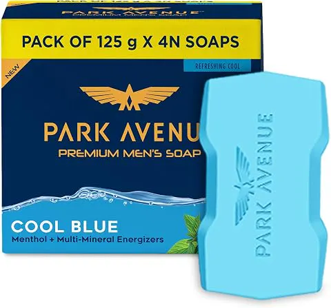 Park Avenue Premium Men’s Soaps for Bath – Cool Blue | 125g (Pack of 4) | Menthol & Mineral Energizer | Grade 1 Soap | For All Skin Types Energy Boost