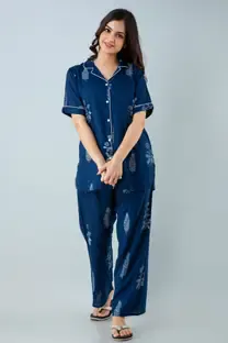 PINGALA Women Striped Light Blue Night Suit Set