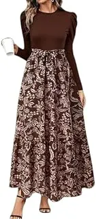 HKVWomen's Long Sleeve Maxi Dress, Brown Floral Print, Round Neck, Puff Sleeves, Belted Waist
