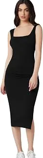AahwanRoyal Solid Bodycon Square Neck Midi Side Split Thigh Dress for Women's & Girl's