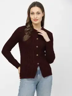 KALT Self Design Round Neck Casual Women Maroon Sweater