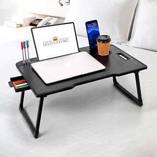 DIVIJA STORE Wood Smart Multipurpose Foldable Laptop Table with Cup Holder, Study Table, Bed Table, Breakfast Table, Foldable and Portable/Ergonomic & Rounded Edges/Non-Slip Legs (Black), 59 cm, 8 cm