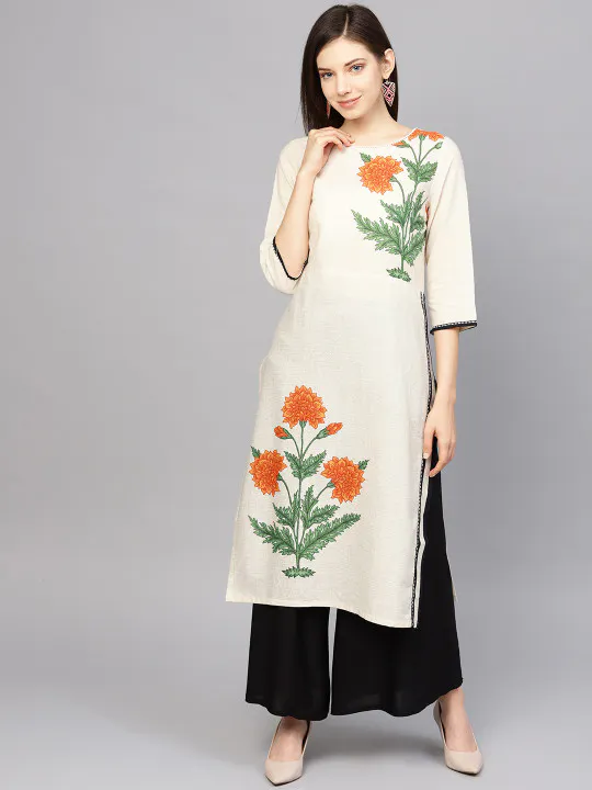 W Women Off-White & Orange Printed Straight Kurta