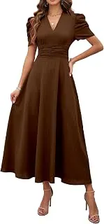 ShasmiGirl's & Women's Solid Color V-Neck A-Line Maxi Dress for Women | New Year Party Outfit | Waist Cinched Puff Sleeve Western | Elegant Casual Wear (Dress 246)