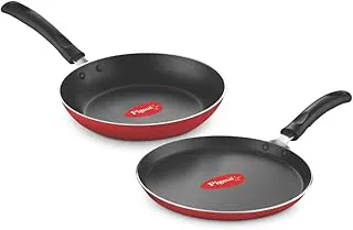 Pigeon Aluminium Nonstick Duo Pack Flat Tawa 250 and Fry Pan 200 Gift Set (Red) Aluminium