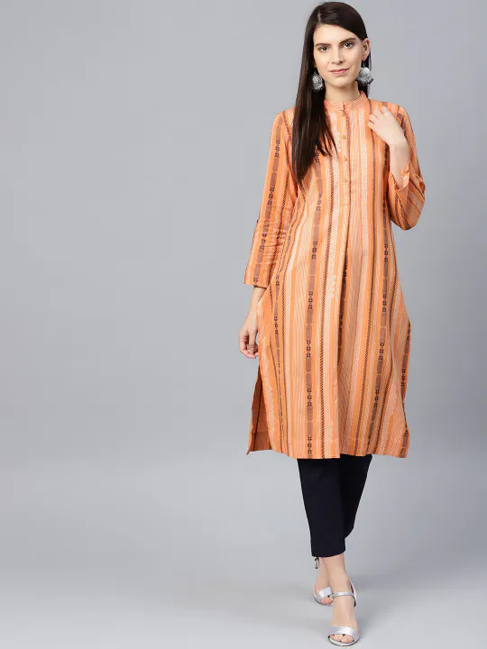 W Women Peach-Coloured & Navy Blue Striped Straight Kurta