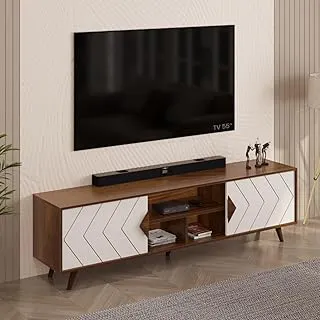 BLUEWUD Wilbrome Engineering Wood Floor Standing TV Entertainment Unit Set Top Box Stand/TV Panel Cabinet Panel with Shelves for Books & Décor Display Unit, Upto 75 Inches (Brown Maple & White)