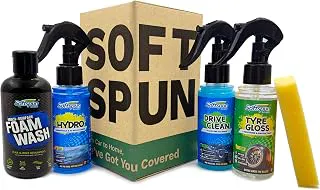 SOFTSPUN Essentials Car Clean & Wash Starter Kit - Made for Cars and Motorcycles 5 Piece Kit, Total 500ml, combined (Shampoo, Windshield Washer, Tyre Polish, Multi-Purpose Cleaner, 1 Foam) Liquid