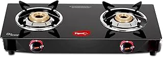 Pigeon Aster Gas Stove 2 Burner with High Powered Brass Burner, Gas Cooktop with Glass Top and Powder Coated Body, black, standard (14266)