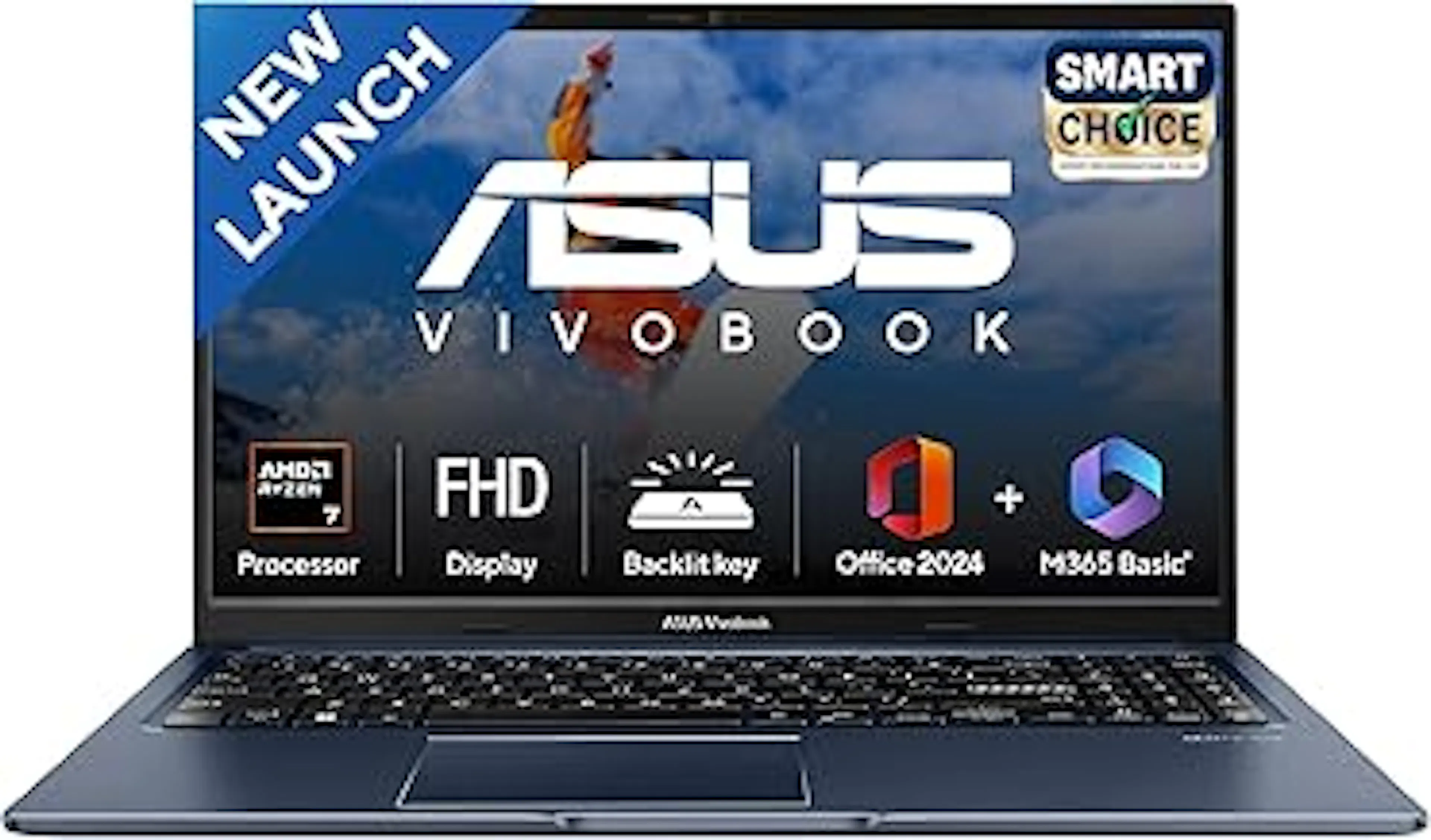 ASUS Vivobook 15, Smartchoice, AMD Ryzen 7 5825U, 16GB RAM, 512GB SSD, FHD 15.6", Windows 11, Office Home 2024, Quiet Blue, 1.7Kg, M1502YA-BQ703WS, AMD Radeon iGPU, M365 Basic (1Year)*, 42Whr Laptop