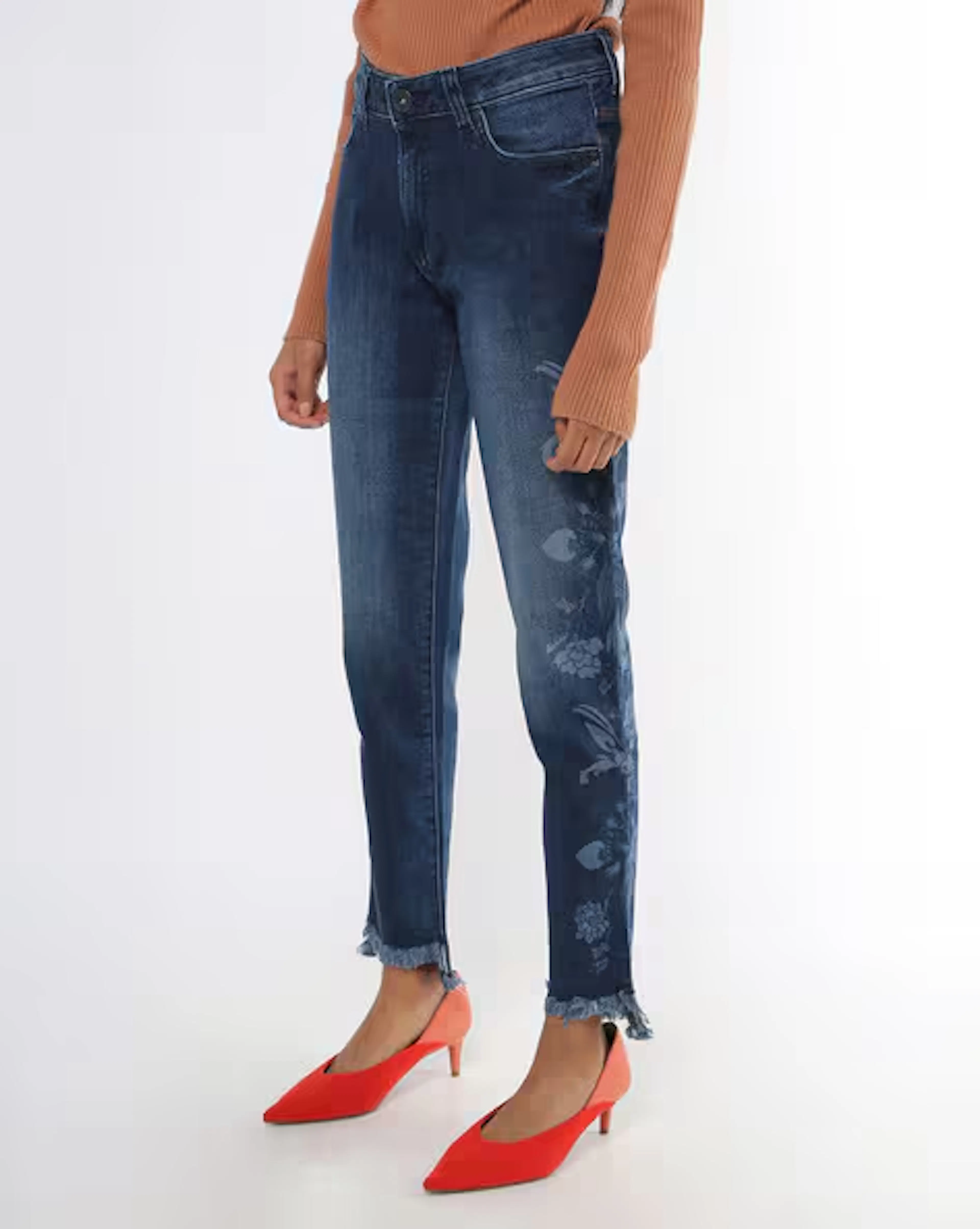 Washed Skinny Jeans with Floral Motifs