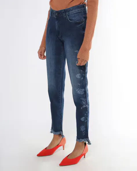 Washed Skinny Jeans with Floral Motifs