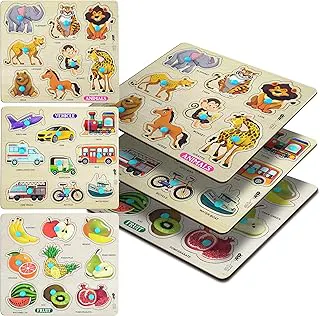 Lefan Wooden Puzzle Combo Set for Kids Vehicle, Fruit & Animal Knob Puzzles Montessori Educational Toy for Toddlers 2 Years+ Fine Motor Skill Learning Wooden Board Toy Gift