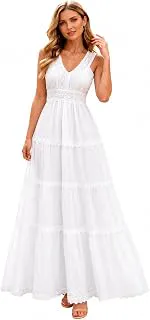 GenericWomen's White Lace Maxi Dress | Sleeveless Tiered Bohemian Beach Dress