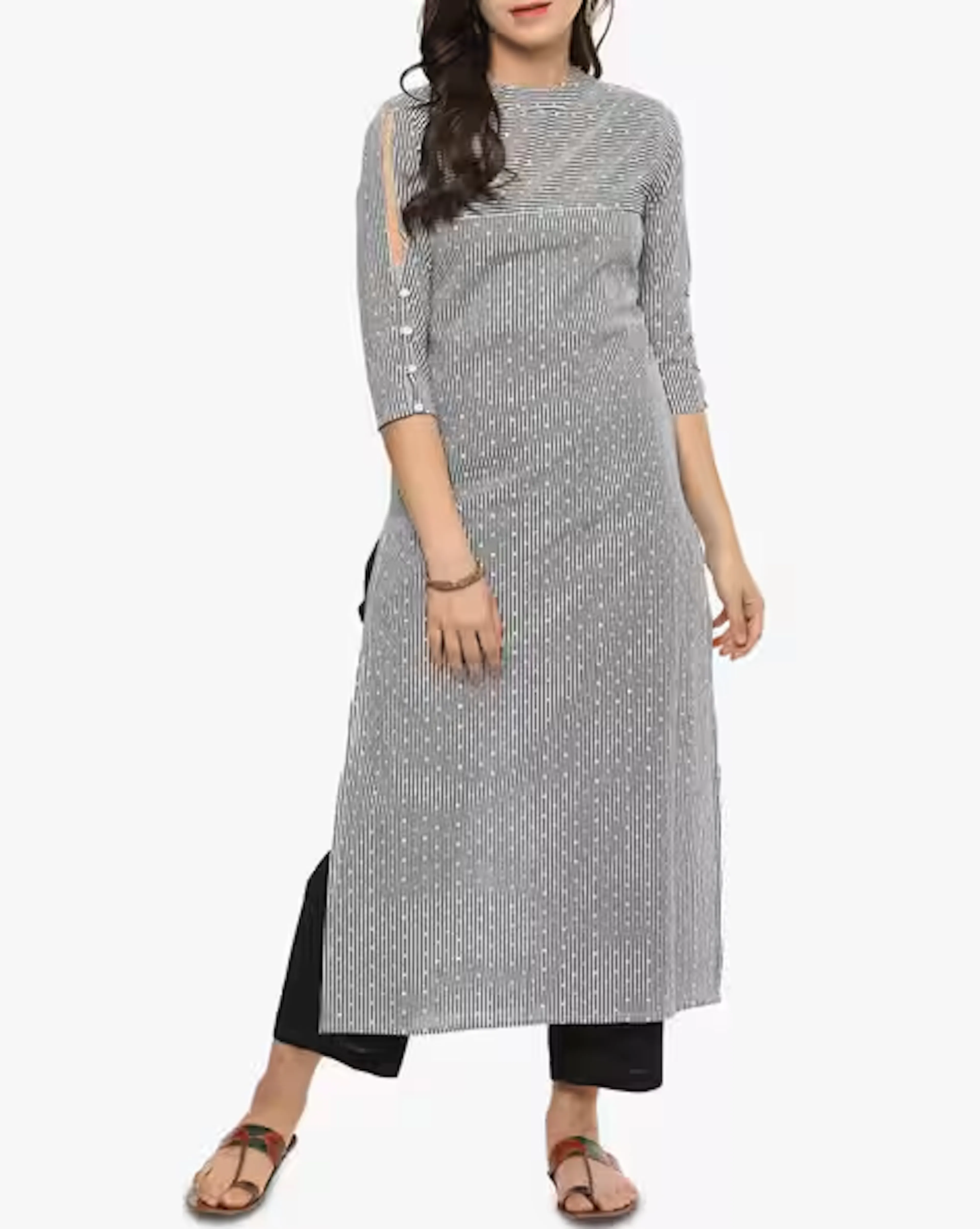 Striped Straight Kurta with Cut-Out Sleeves