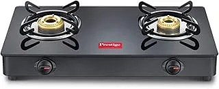 Prestige IRIS Toughened Glass-Top 2 Brass Burner LPG Gas Stove | Black | Spill Proof | Ergonomic Knobs | Tri-Pin Brass Burners |Open
