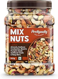 PrettyNutty Healthy Nutmix 500g, Dried Almonds, Black Raisins, Cashewnuts, Cranberries, Black Dates & Many More. (Pack of Jar) dry fruit