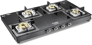 Prestige Vectra 4 Burner Glasstop Gas Stove|Superior Toughened Glass|Jumbo Brass Burner|3-Way Gas Inlet|360 Degree Revolving Nozzle|10 Years Warranty on Glass|Black,Manual