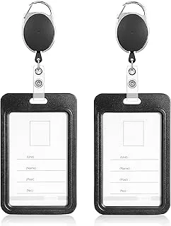 GLUN® Pack 2 Sliding Badge Holder Hard Black Vertical Plastic Card Case Protector with Retractable Badge Reel Carabiner for Office School ID Credit Proximity Key Card Driver’s License and Pass