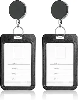 GLUN® Pack of 2 Metal Badge ID Card Holders with Sliding Badge Holder (Black Vertical) Plastic Card Case Protector for Office Employee and Staff Retractable