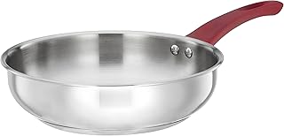 Amazon Brand - Solimo Stainless Steel Heavy Bottom Fry Pan | Three Layer Impact Forged Bottom for Durability | Premium Look with Soft Touch Handles and Knob, 22 cm|Induction and Gas Stove Compatible Stainless Steel