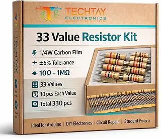 33 Value Resistor Kit (10Ω–1M5) 1/4W Carbon Film ±5% Tolerance – 330 pcs Assorted Through Hole Resistors for Breadboard, DIY Electronics, Microcontroller Projects (33, 330)