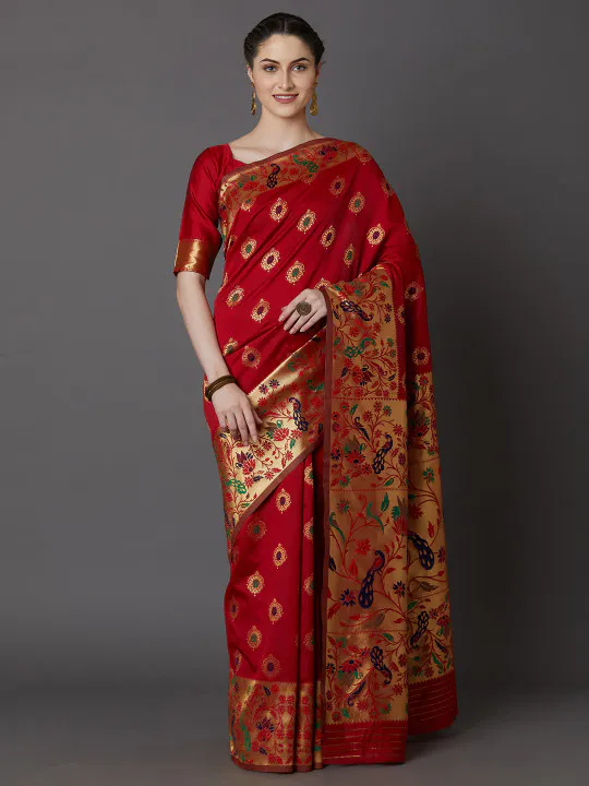 Mitera Red Silk Blend Woven Design Banarasi Saree