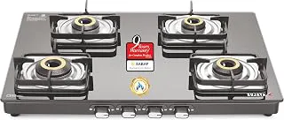 Sujata Gas Stove 4 Burner | Classic Gas Stove Auto Ignition | 9 Years Warranty | Gas Stove 4 Burners Glass Top | SABAF, ISI Certified, LPG & PNG Compatible, Jumbo Brass Burner (Black Colour)
