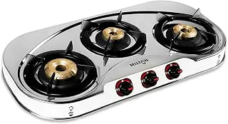MILTON Royal Stainless Steel LPG Gas Stove 3 Burners | ISI Certified Manual Ignition 3 Burner Gas Stove | 360 Degree Nozzle | High Powered Brass Burners | 1 Year Manufacturer's Warranty
