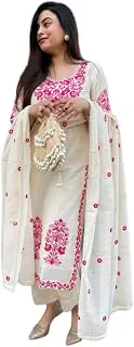 GoSriKiKurta Sets for Women Viscose Embroidered | Kurta Pant Dupatta Set | Straight Kurti Set for Women | Round Neck 3/4 Sleeve Ethnic Suit | Designer Indian Kurti Outfit with Pants