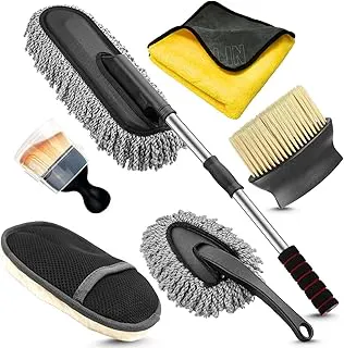 Porslin 6 PCS Car Cleaning Kit with Microfiber Cloth, Extendable Duster, Car Wash Glove, Wheel Brush & Glass Cleaning Tool | 6 in 1 Car Cleaning Accessories Combo for Cars, SUVs, Bikes & Home