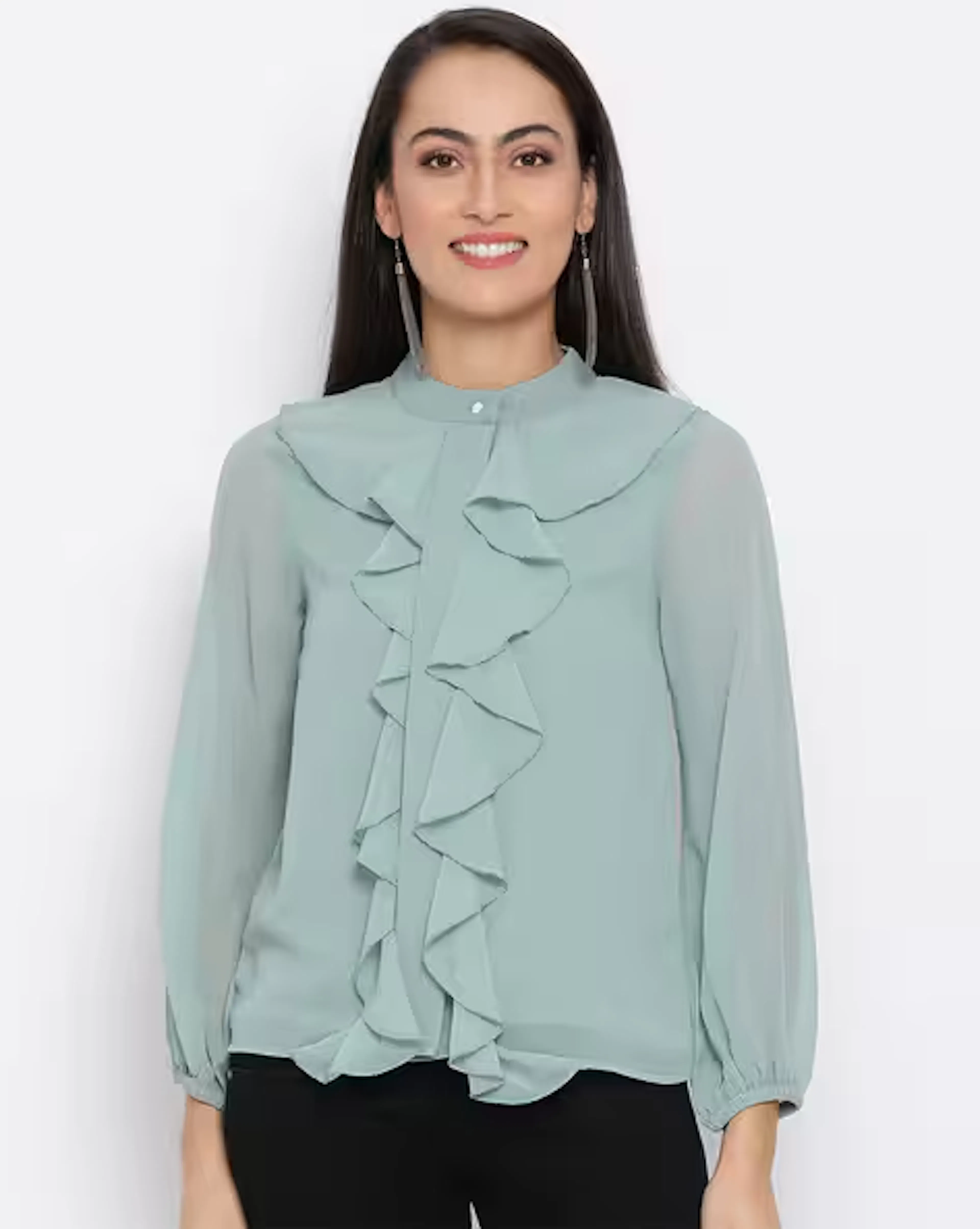 Ruffled Top with Elasticated Sleeve Hems