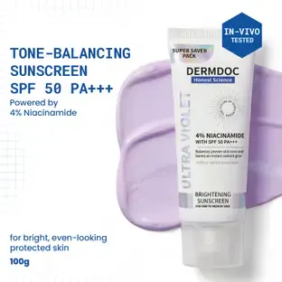 DermDoc Sunscreen - SPF 50 PA+++ Ultra Violet Purple Brightening Sunscreen with 4% Niacinamide