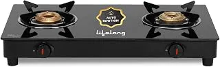Lifelong 2 Burner Gas Stove Top for Kitchen - Automatic Ignition Cooktop Modern Glass Stove for Modular Kitchen, ISI Certified & Compatible with LPG - 1 Year Manufacturer's (Black, LLGS912)