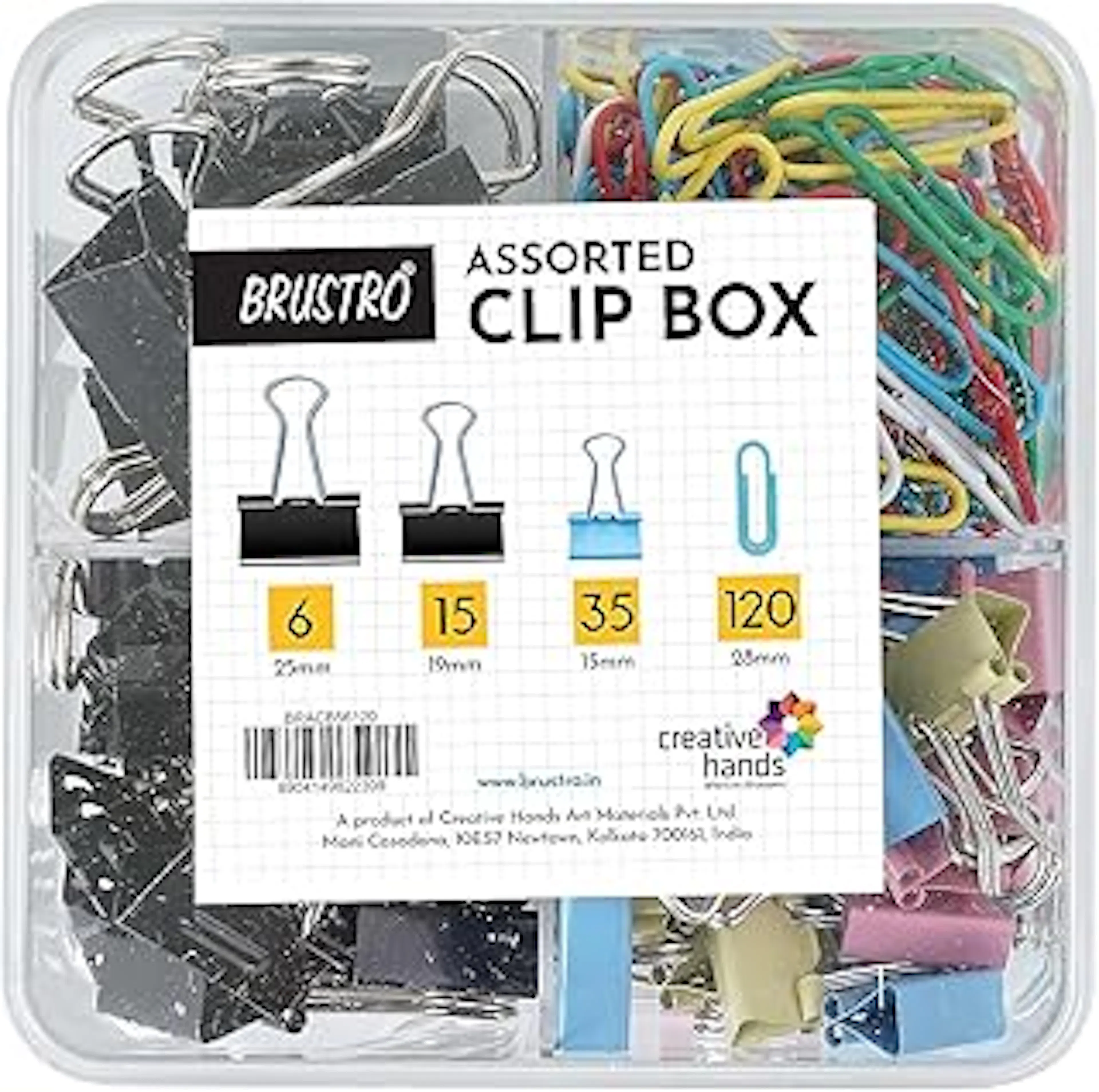 BRUSTRO Assorted Clip Box | Includes 120 Paper Clips-28mm & 56 Binder Clips (25mm- 6 pcs| 19mm- 15 pcs| 15mm- 35pcs) | Home, Office, Stationery use, Ideal for Kids and Adults, Reusable, Flexible