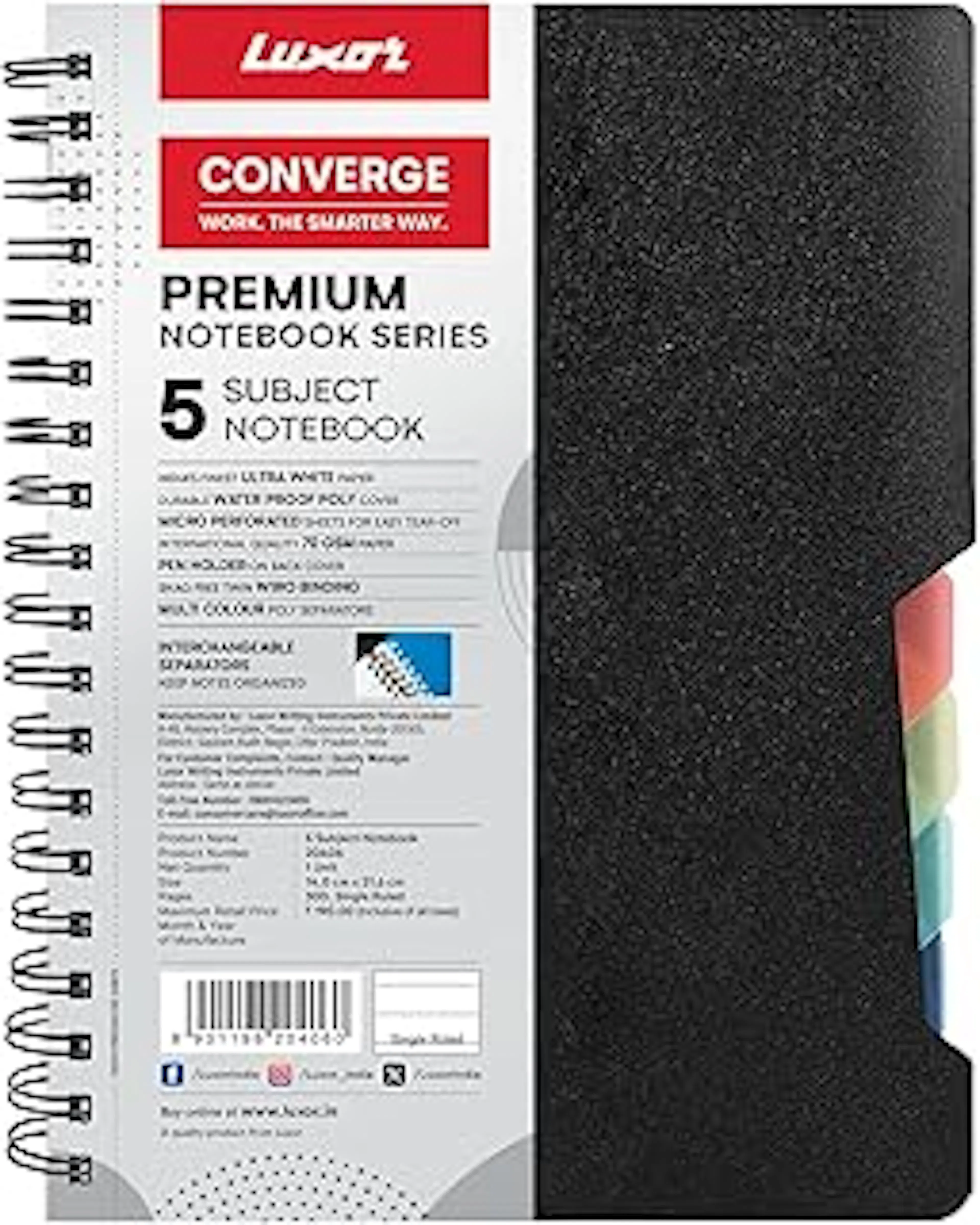 Luxor 5 Subject Single Ruled Notebook - A5 Size, 300 Pages, 70 GSM