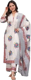 AmayraWomen's Pure Cotton Printed Straight Kurta Set with Palazzo Pants & Dupatta- Ethnic Wear, White