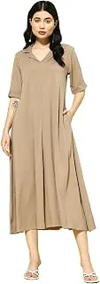 VarangaWomen Beige A -line Calf Length Dress Featuring Classic Shirt Collar and Short Sleeves which offering Comfort and Ease