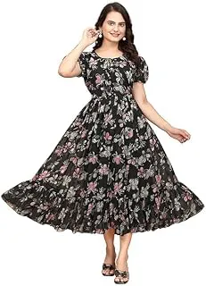 Women's Georgette Dresses Floral Printed One Piece Stylish Long Maxi Western Frock Midi Dress for Women (Puffed Sleeves)