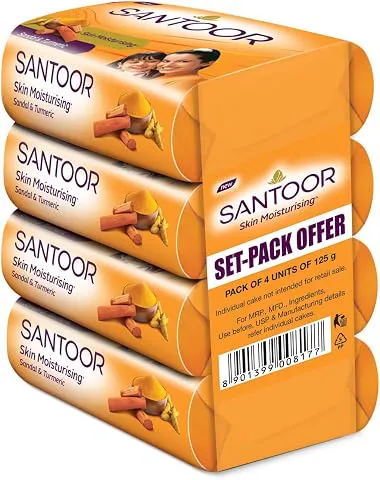Santoor Sandal & Turmeric Soap for Total Skin Care, 125g (Pack of 4) cleansing