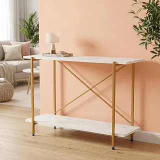 ecofynd Elix Jr 35 Inch Console Table, Metal with Engineered Wooden top Long Narrow Hallway, Entryway, Living Room, Dining Room, Office, Home Side Table Storage Shelves, 35"X 9"X 28" (WHTGO, CT002)