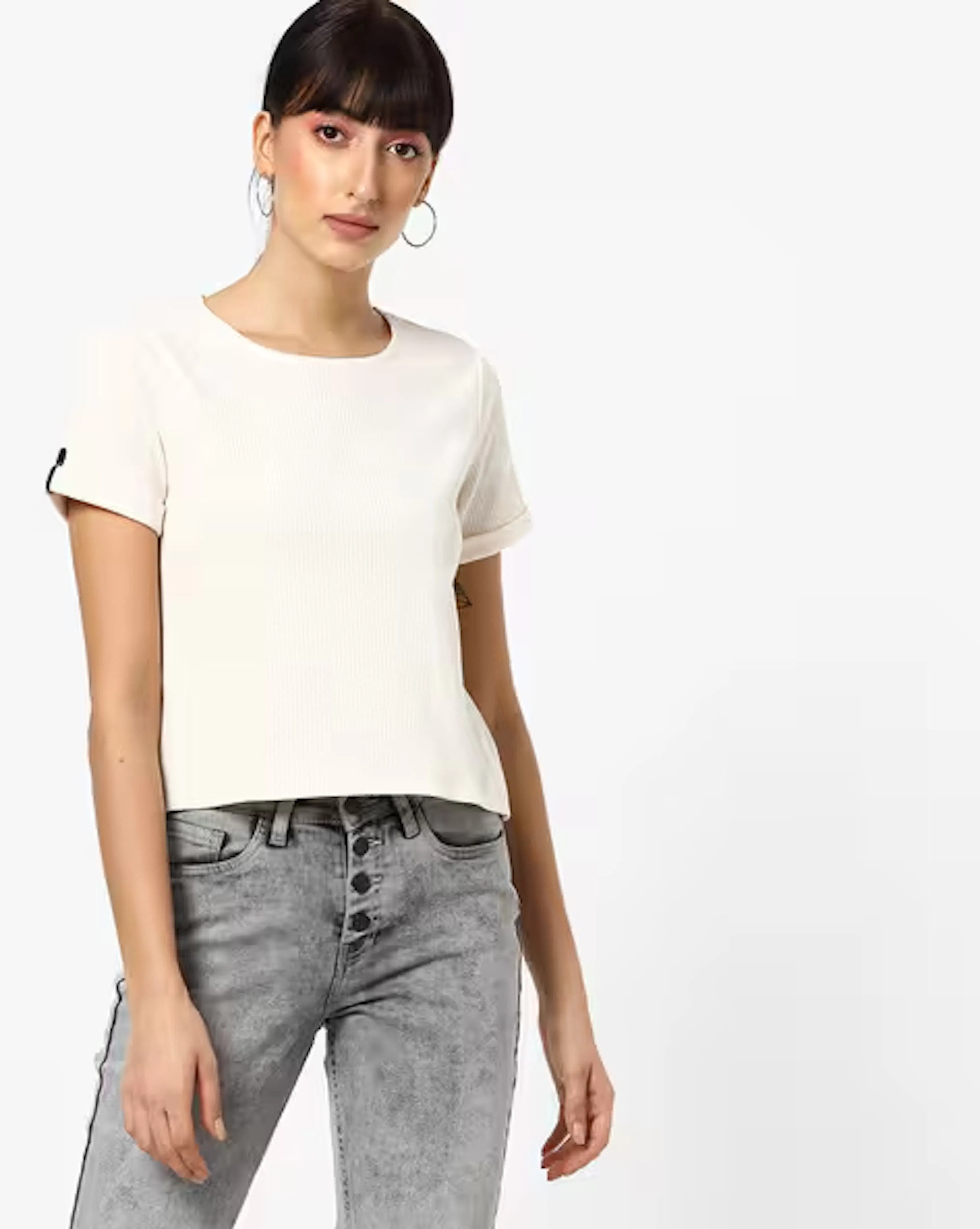 Ribbed Crew-Neck Top with Roll-Tab Sleeves