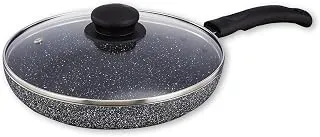 Amazon Solimo Granite Finish Fry Pan with Glass Lid | Induction Base | PFOA Free | High Temperature Resistant Exterior Coating | 22 cm | Grey Aluminum,Glass