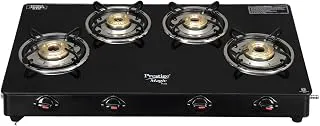 Prestige Magic plus Toughened Glass-Top(Long)4 Brass Burner LPG Gas Stove (GTMP-04L)| Black Spill Proof Design | Ergonomic Knob | Tri-Pin Burner
