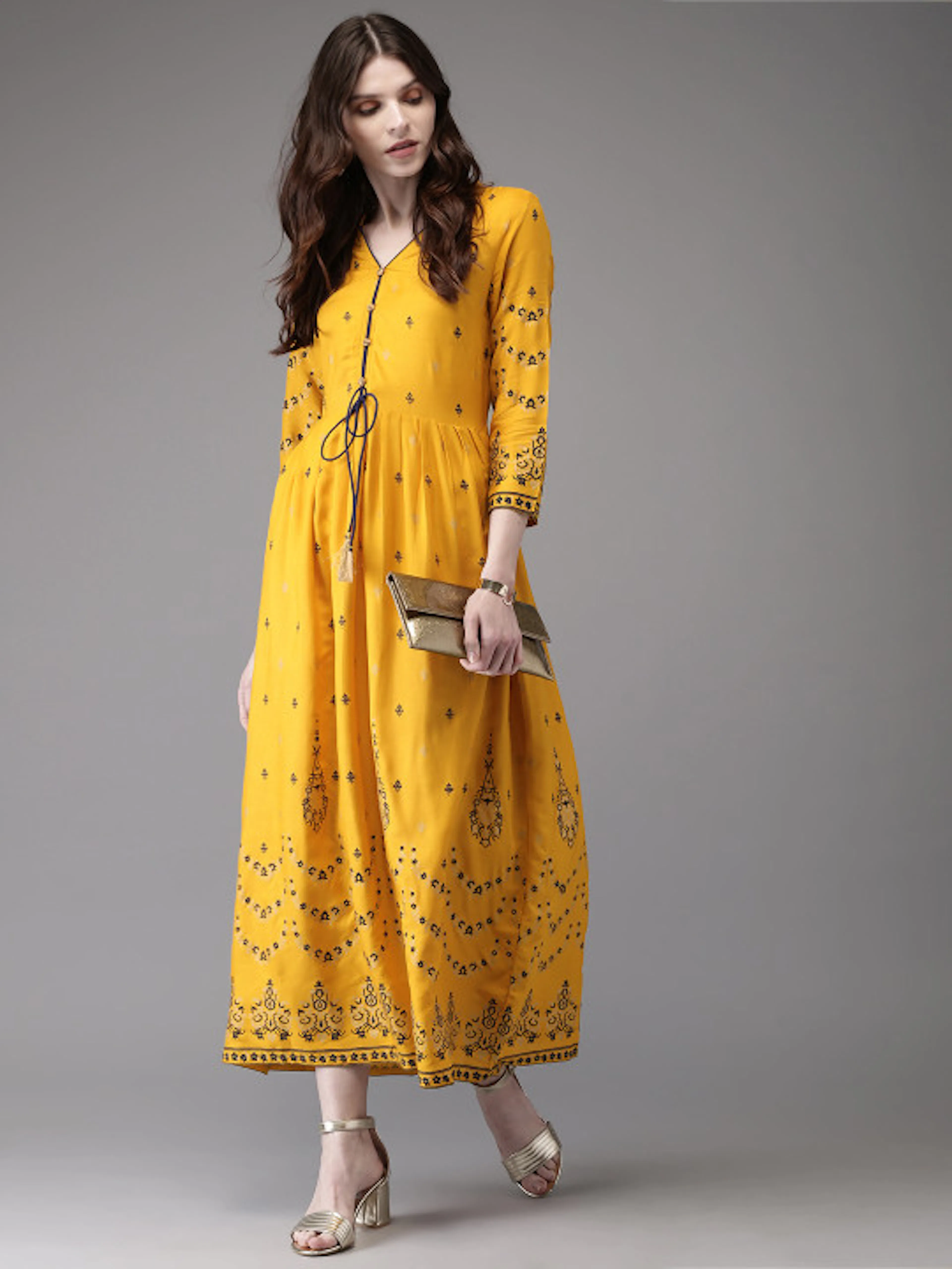 Anouk Women Yellow & Navy Blue Printed Anarkali Kurta