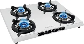 Everflame Pearl 4 Burner Gas Stove | Manual Ignition | ISI Certified | 5G Forged Brass Burners | Stainless Steel Gas Stove | Gas-Saver | Brass Nozzle | 2 Years Warranty + Doorstep Service