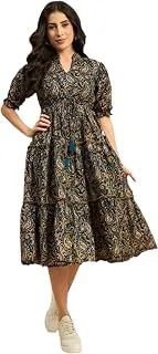 JUSTHERTrending Midi Length 1 Piece | Polyester A-Line Midi Dress | Trending Paisley Printed Fit & Flare Gown | Casual Summer Dress