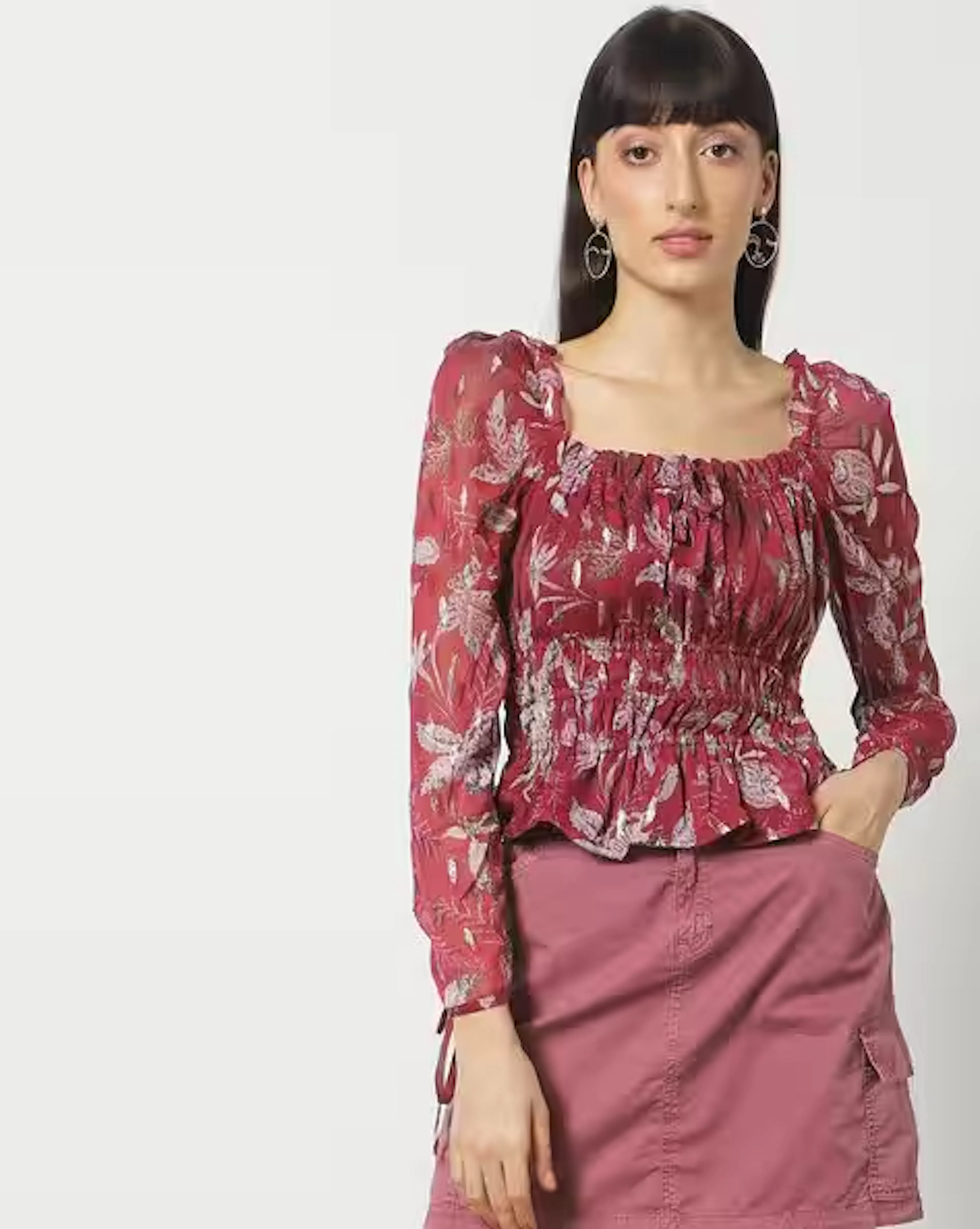 Women Floral Print Ruched Maroon Top